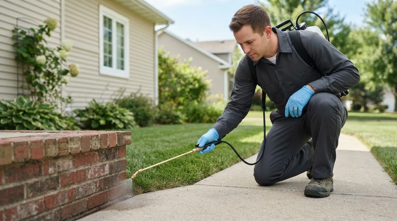 Pest control technician treating a home near Lakeside, OR